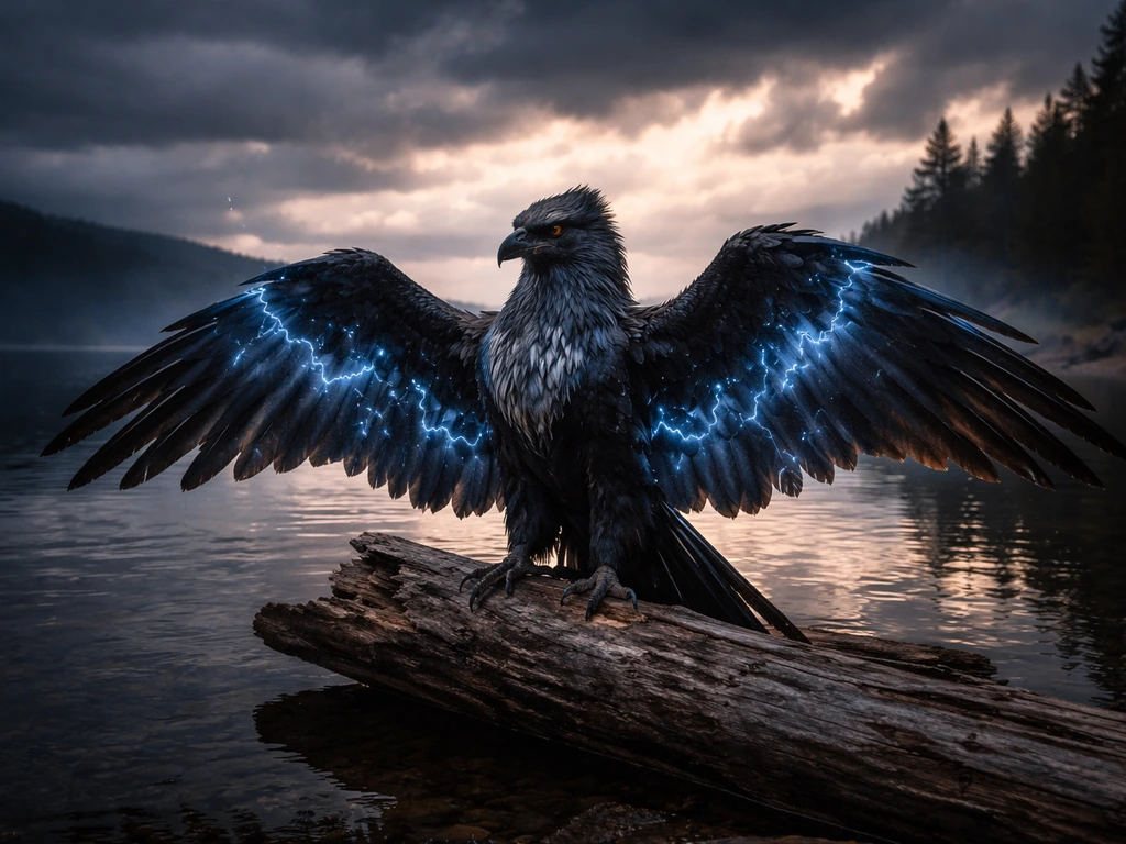 Thunderbird-like creature perched by a lake at dusk with faint blue sparks and storm clouds overhead.