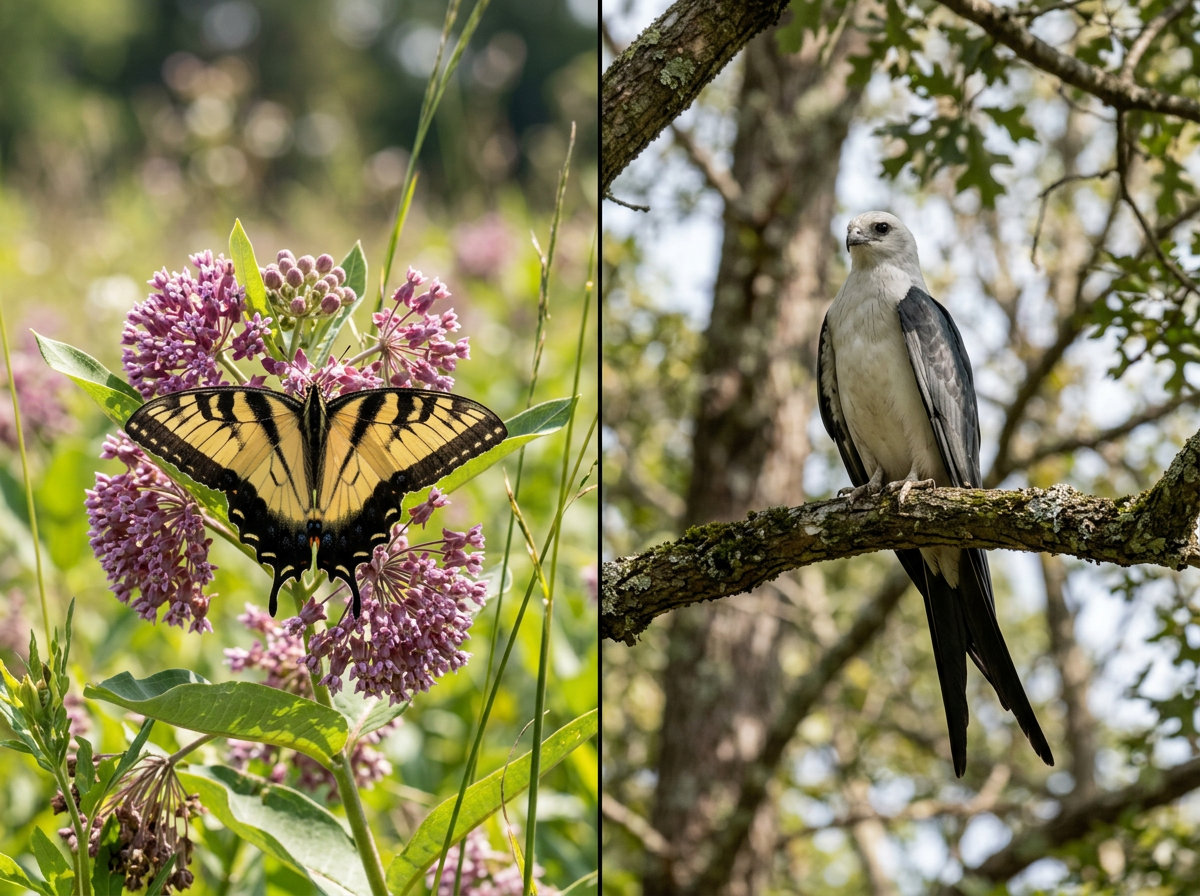 Swallowtail butterfly beside a swallow-tailed kite to distinguish swallowtail bird vs butterfly.