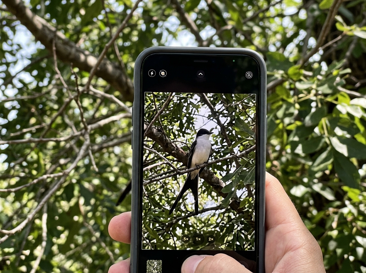 Phone camera framing a fork-tailed black-and-white bird in its tree setting.