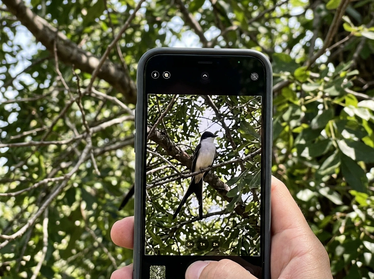 Phone camera framing a fork-tailed black-and-white bird in its tree setting.