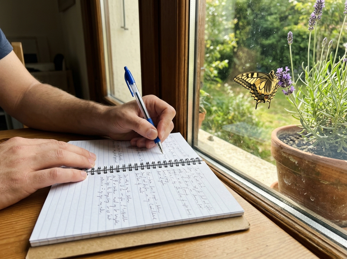 Hands journaling while a swallowtail butterfly rests outside near a window.