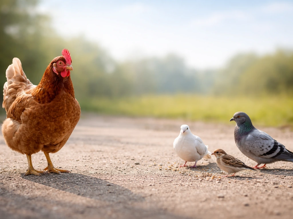 Brown hen beside a few assorted small birds, minimal outdoor setting showing contrast between fowl and birds.