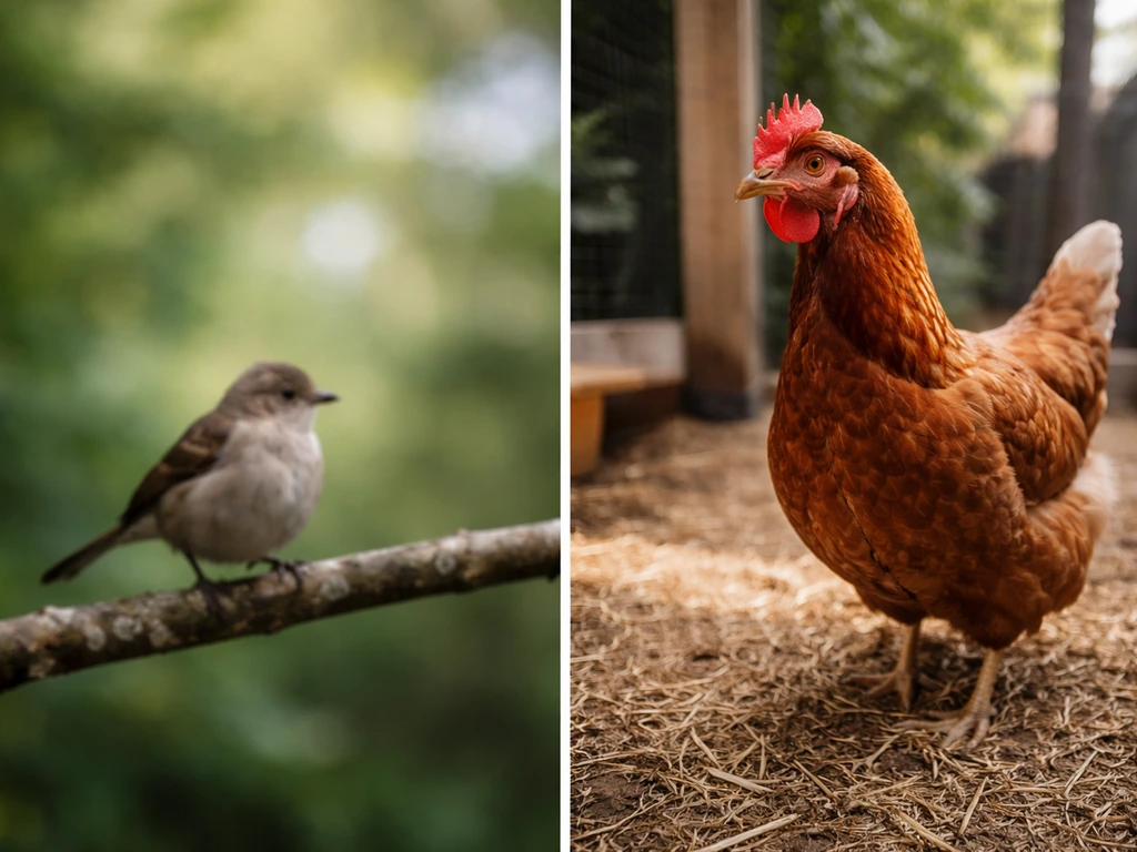 Two simple bird images: one general bird silhouette and one chicken on a farm setting