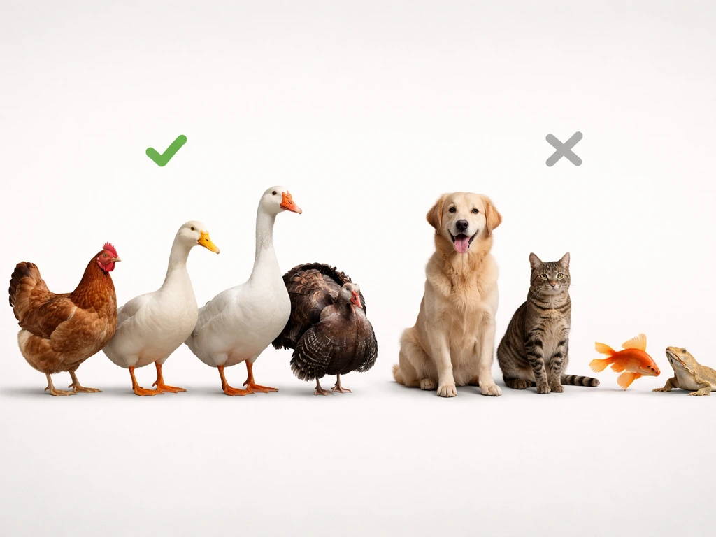 Side-by-side animal lineup: chicken/duck/goose/turkey marked with checkmarks, dog/cat/fish/reptile marked not fowl.