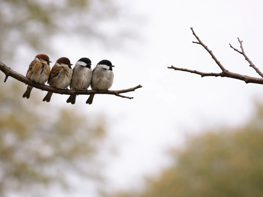 Small flock of birds perched close together on one branch, minimal sky background, suggesting idiom contrast.