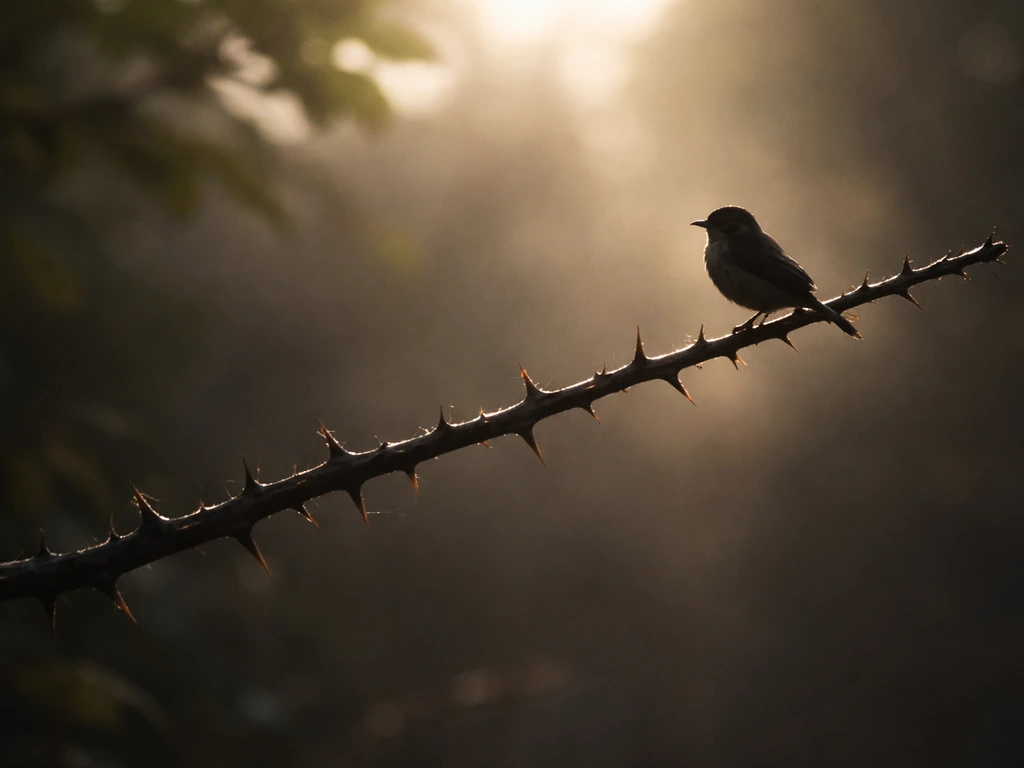 A thorny branch with a silhouetted small bird, symbolizing pain, protection, and resilience.