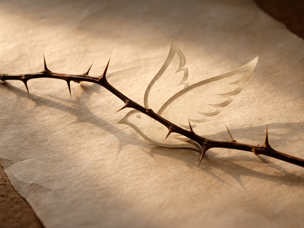 A small thorny branch intertwined with a delicate bird-like ornament on aged parchment.