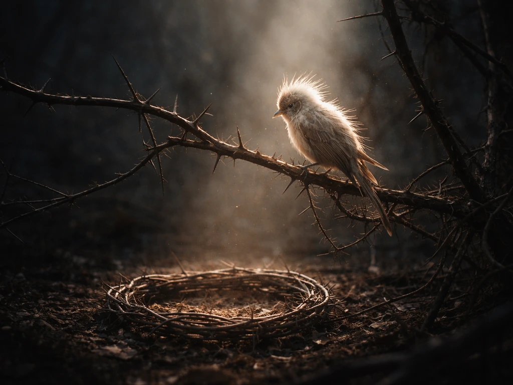 Solitary thorn bird perched beside spined branches, dramatic light suggesting pain turning into music