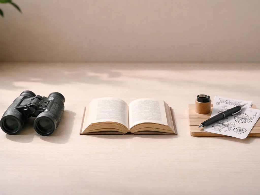 Minimal photo showing three cue icons—binoculars, book pages, and a small stencil—suggesting context clues.