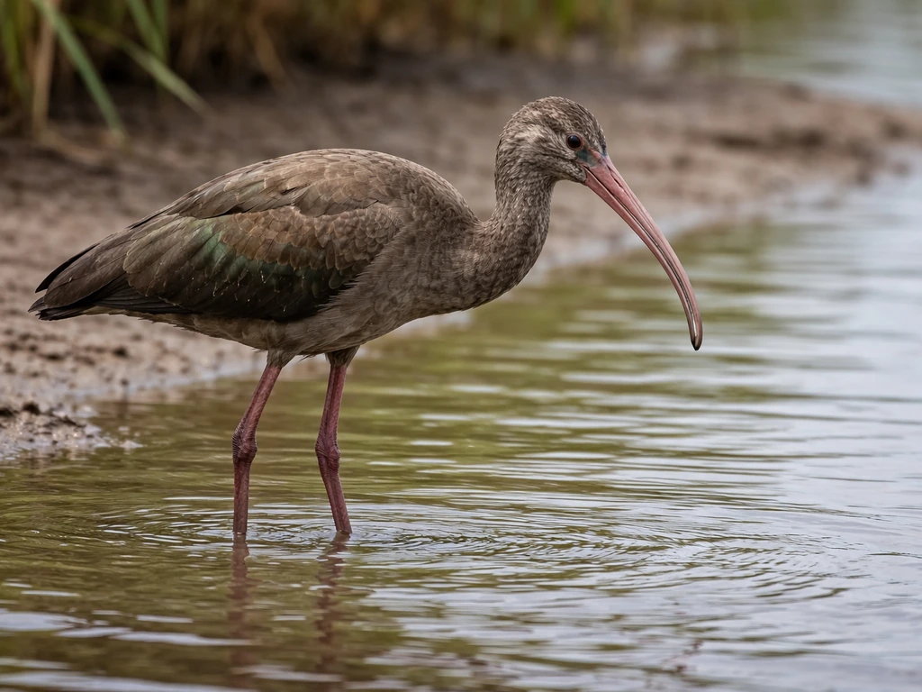 An ibis wading in shallow water, close-up of its curved bill and long legs