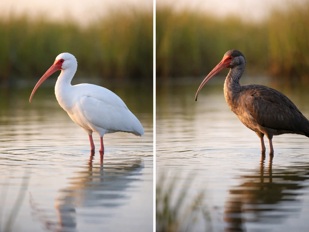 A white ibis and a darker ibis standing side by side in a quiet marsh at sunrise.
