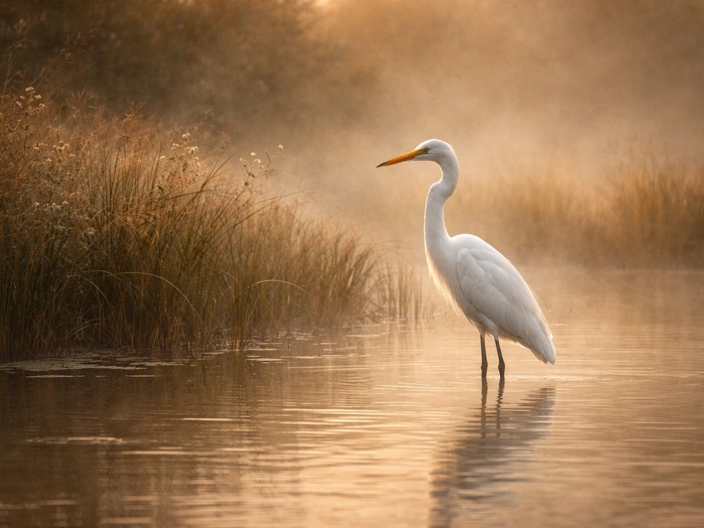 A white heron standing in a misty marsh at dawn, framed by reeds in warm antique tones.
