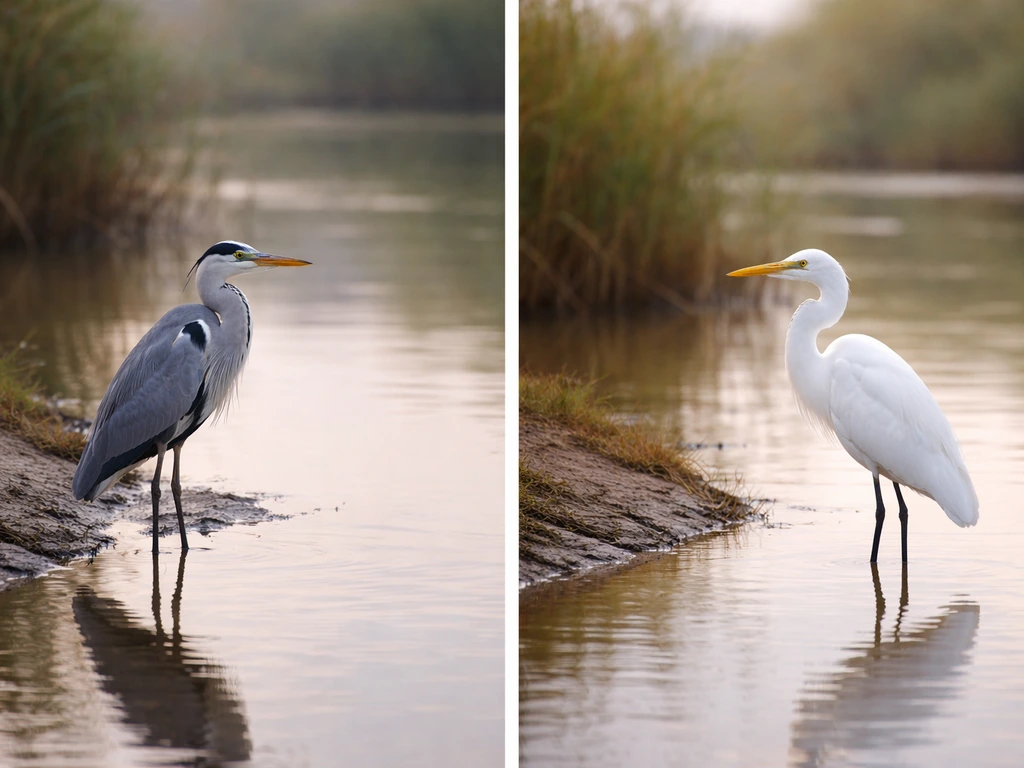 Side-by-side gray and white herons standing still by shallow water with soft reflections.