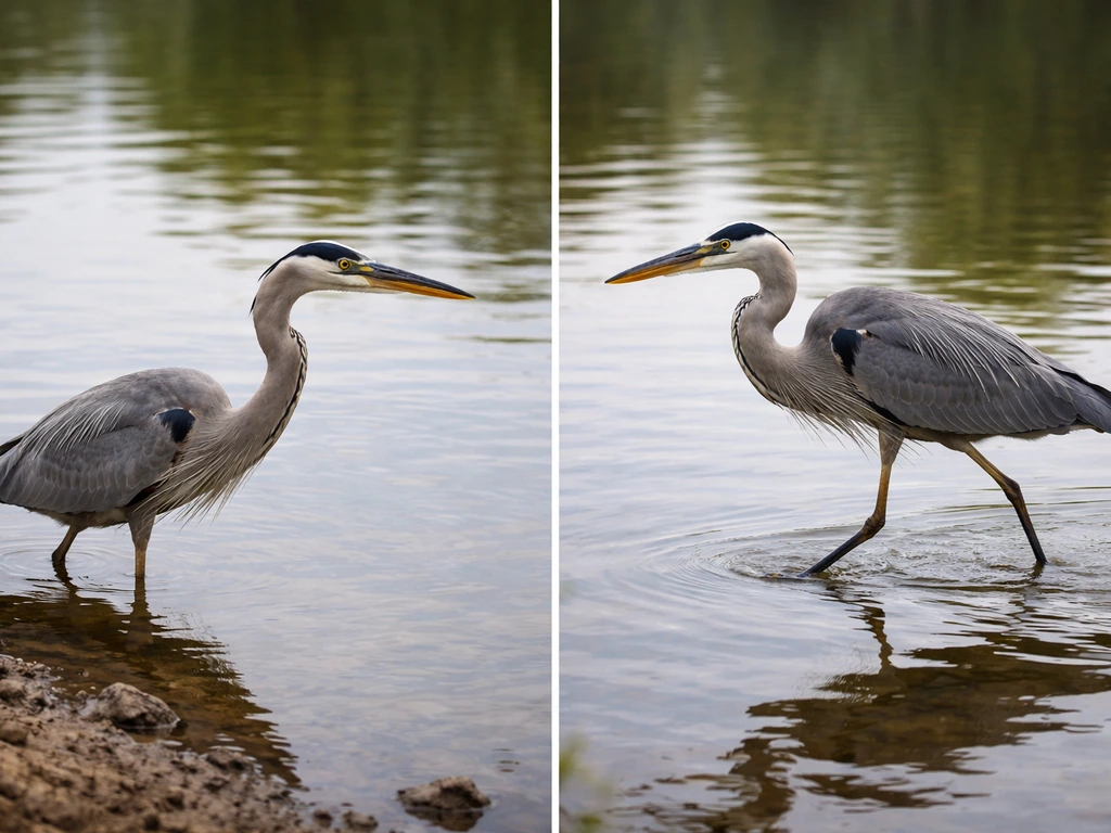 Heron in two moments: stalking with head forward and wading through shallow water with ripples.
