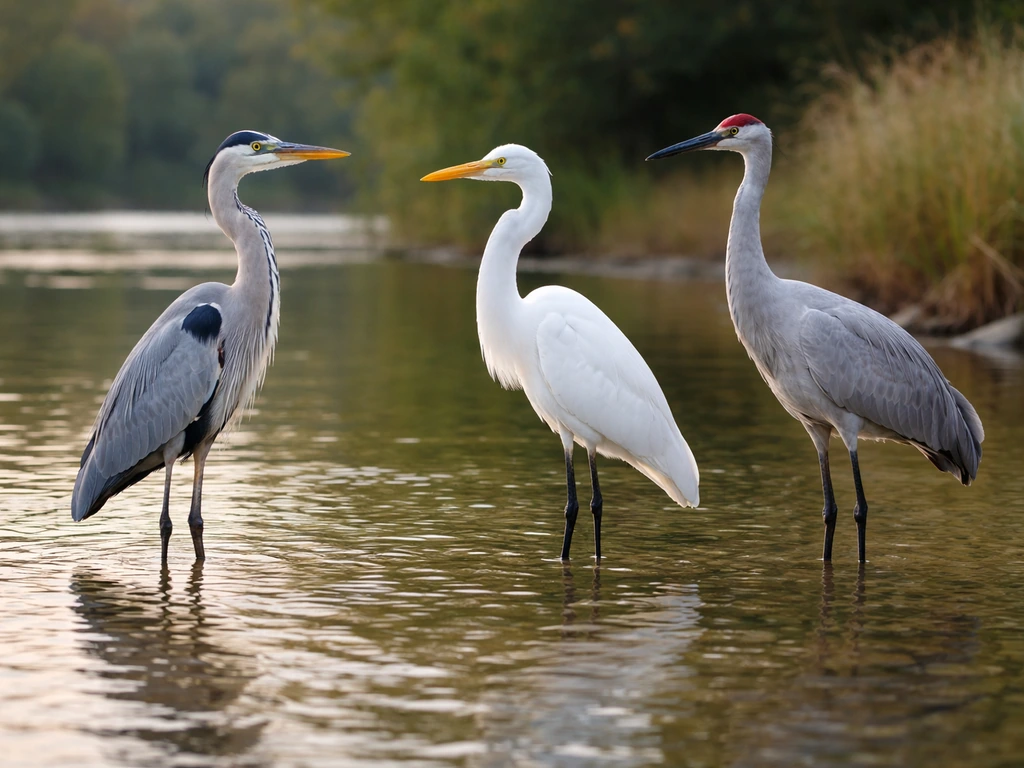 A heron and similar long-legged birds perched separately, showing clear differences in shape and color.