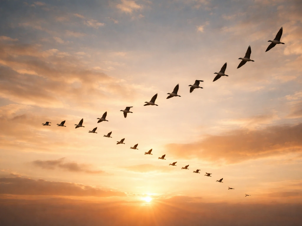 Migratory birds fly in a V-formation across a sunrise sky, wings spread in warm light.