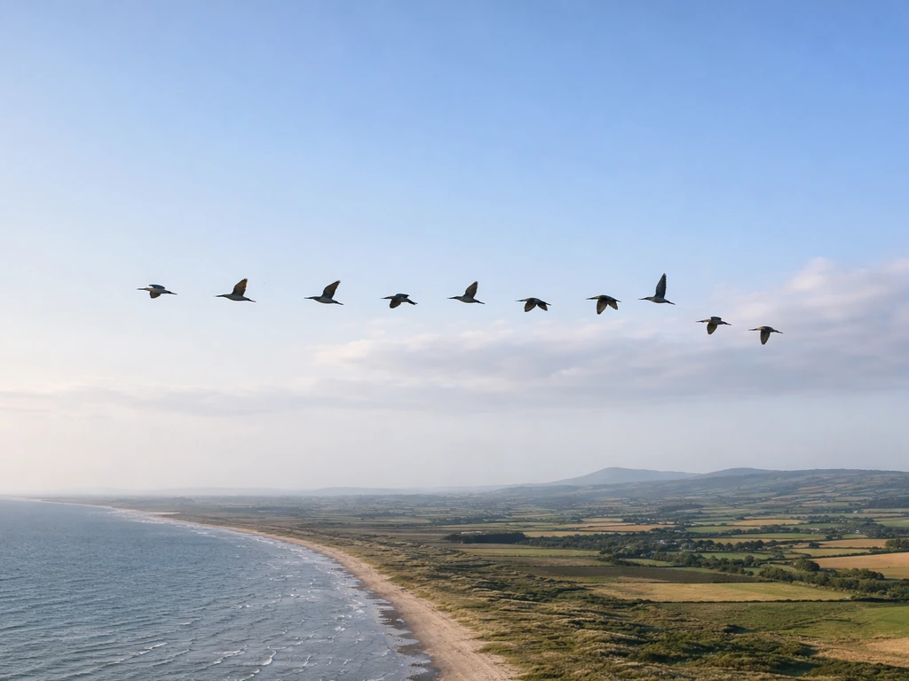 Small flock of birds in flight forming a visible migratory line over coastal and inland mixed landscapes