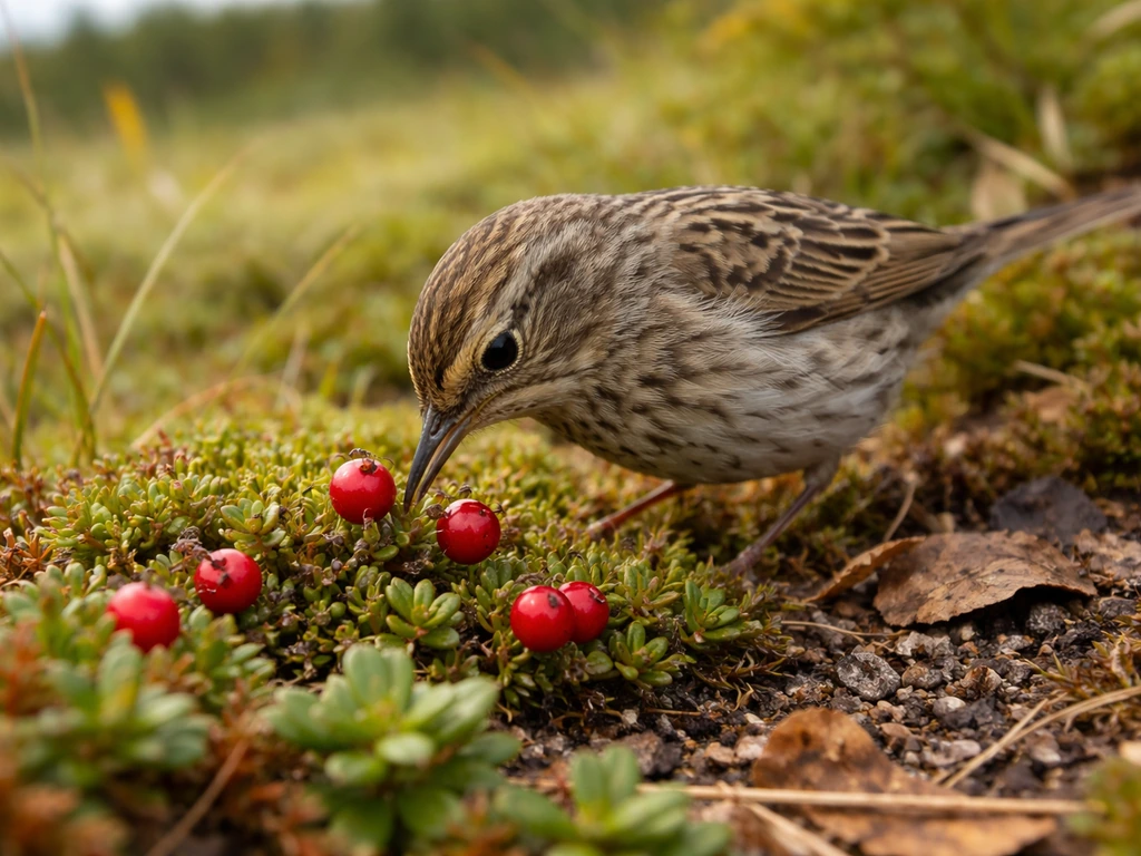 Small bird pecking red berries on summer tundra with visible insects on nearby plants.