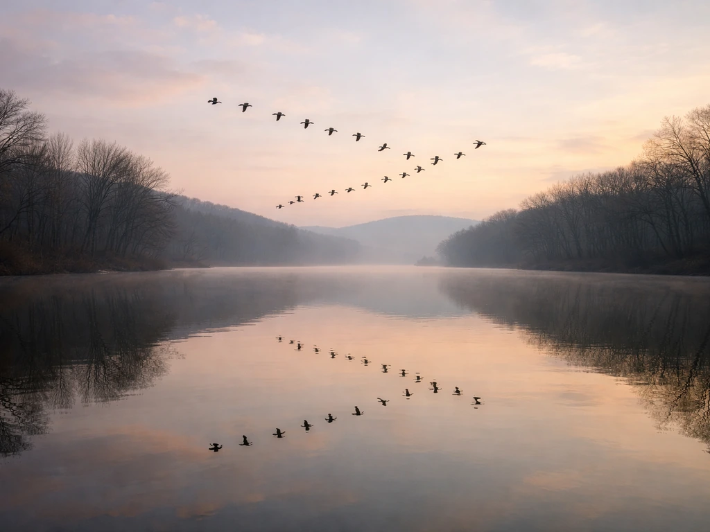 Migratory birds in flight reflected on a calm river at dawn, symbolizing seasonal change.