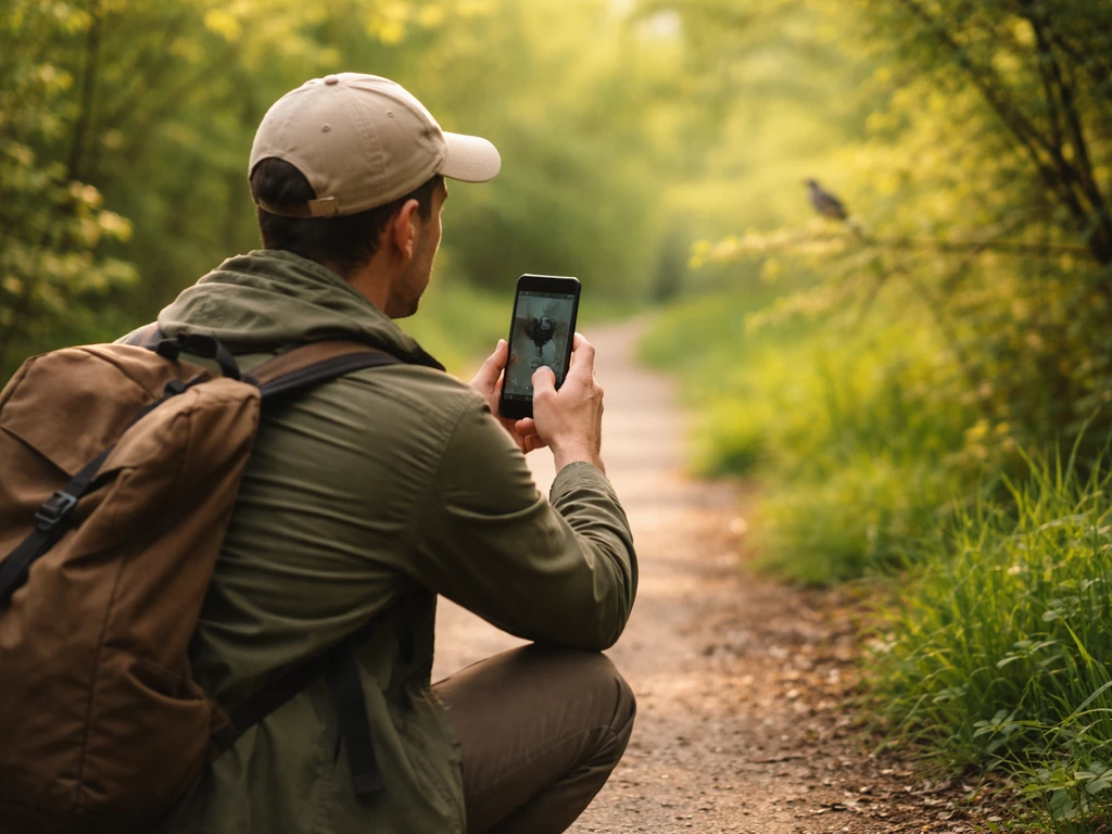 Birdwatcher using a smartphone app while a small songbird is blurred in the background