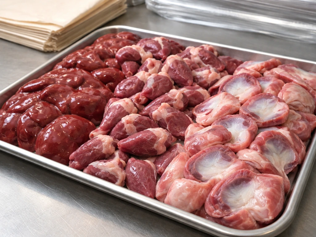 Close-up of poultry offal—liver, heart, and gizzard—on a stainless tray with simple packaging context.