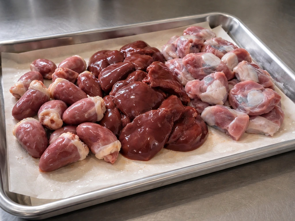 Clean tray with raw poultry offal—hearts, liver, and gizzards—on butcher paper.