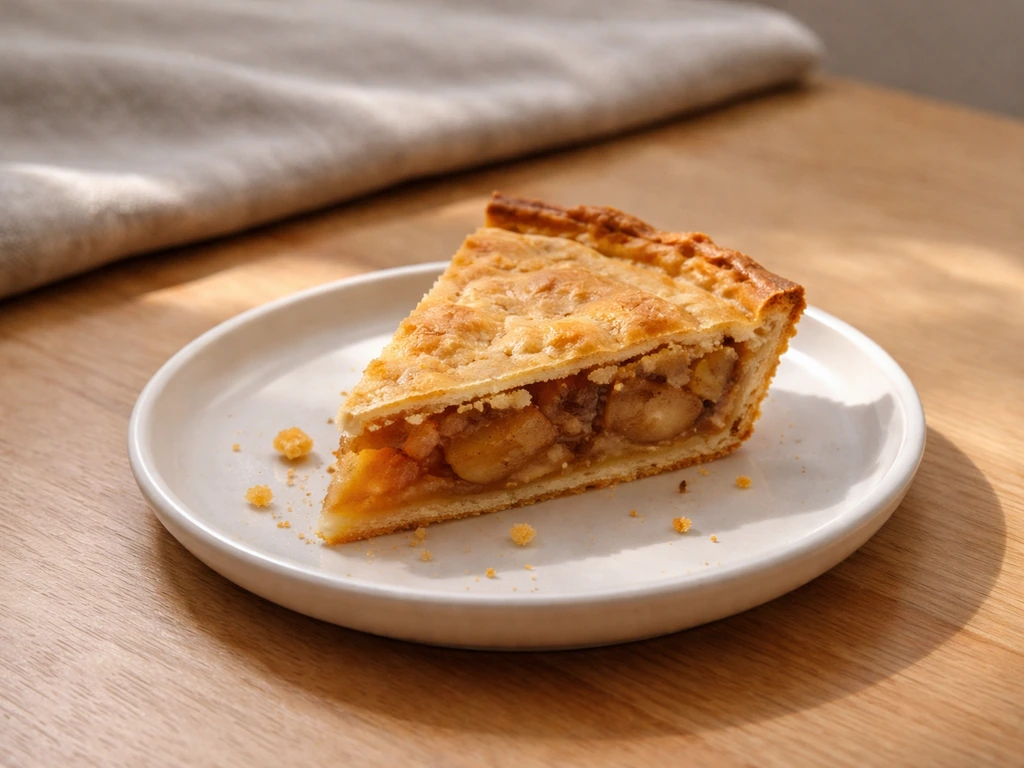 A small plate with a slice of pie and scattered crumbs on a simple table