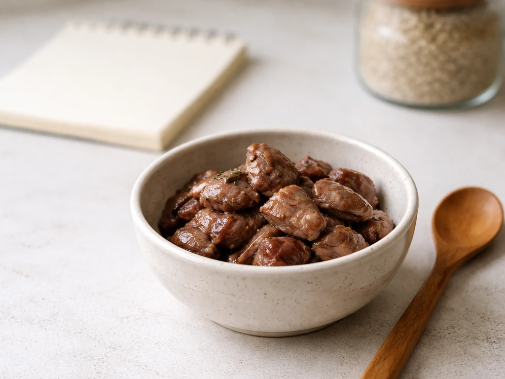 Minimal photo of a countertop with a small bowl of cooked poultry offal beside a notepad labeled with no text