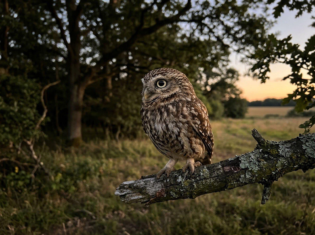 Little owl perched on a branch with natural forest dusk tones