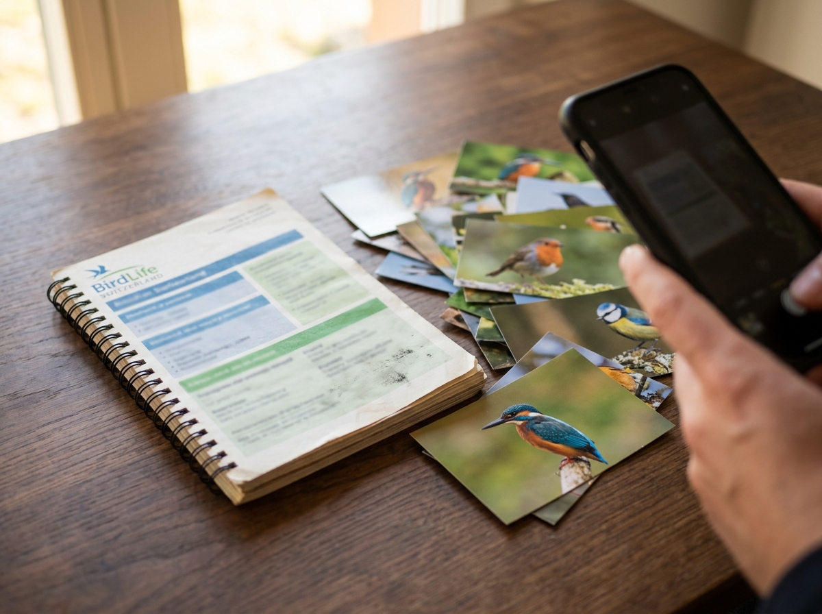 Bird of the Year list concept: pinned papers or booklet showing rotating Swiss bird selections