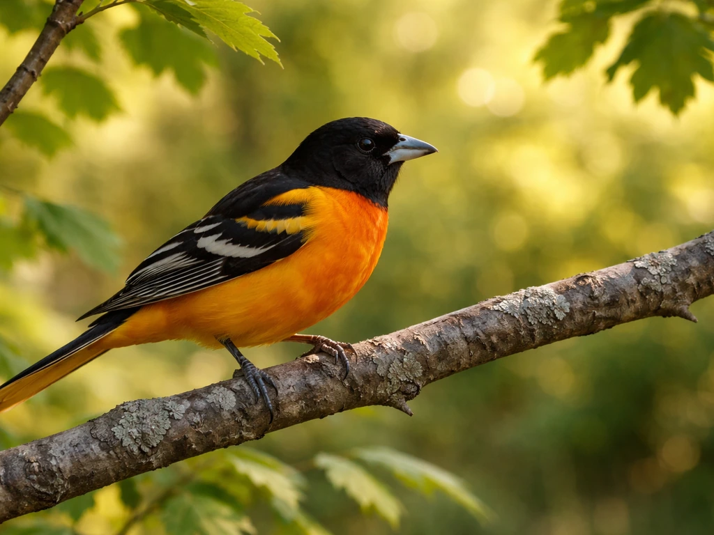 A Baltimore Oriole perched on a deciduous branch at a woodland edge in warm golden light.