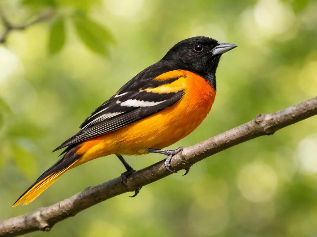 Close-up of a Baltimore Oriole on a branch showing orange body and black head/throat against green foliage.