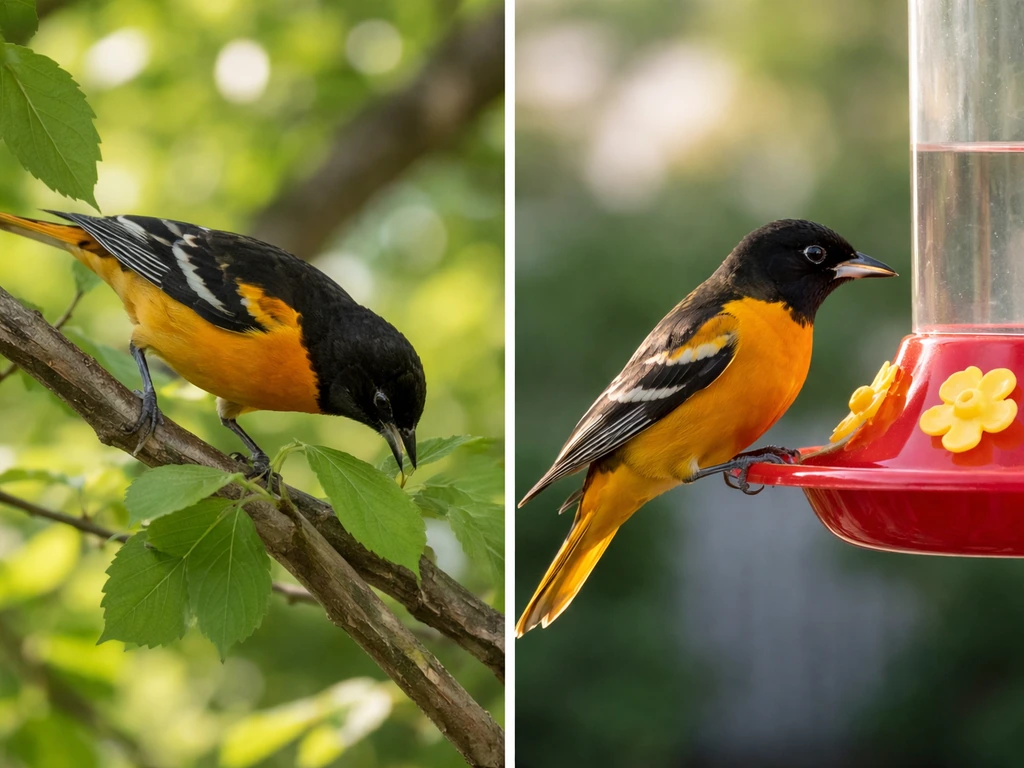 An oriole-like male foraging in spring foliage beside a calmer moment at a nectar feeder in soft daylight.