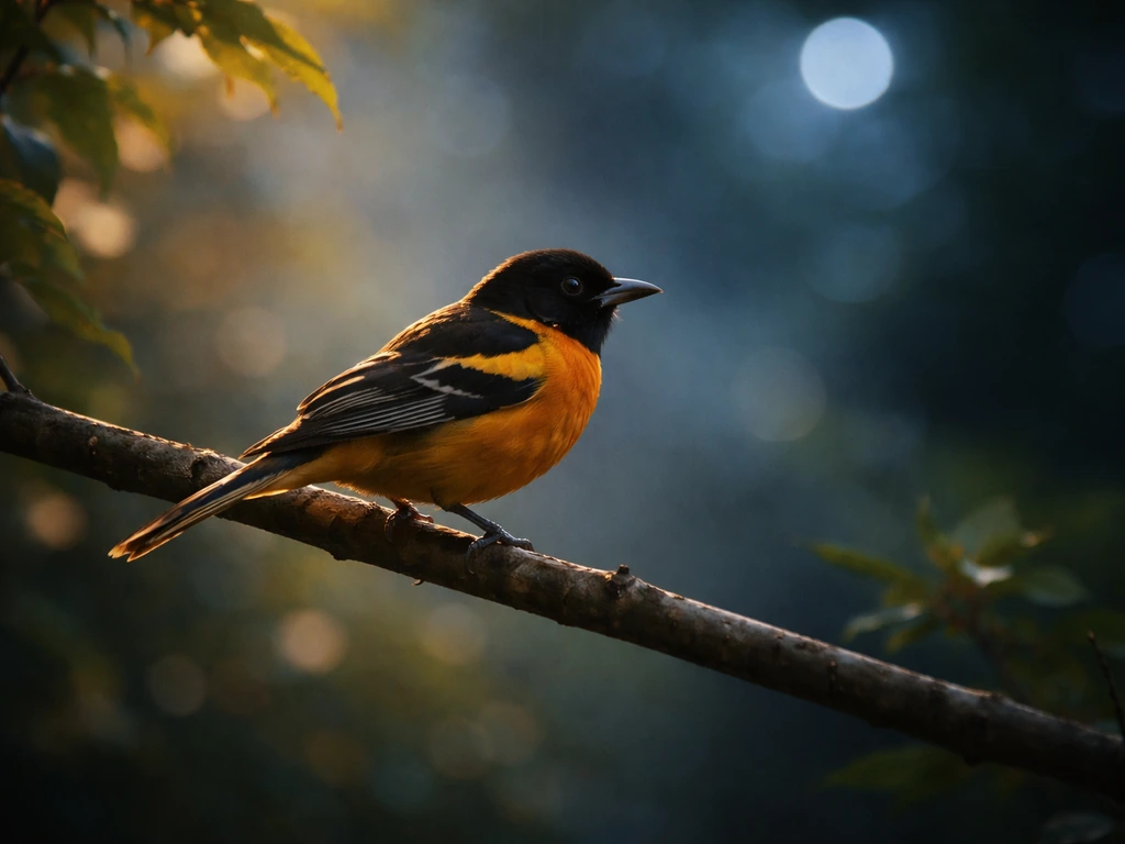 Baltimore oriole perched on a sunlit branch with soft moonlit bokeh in a quiet night garden