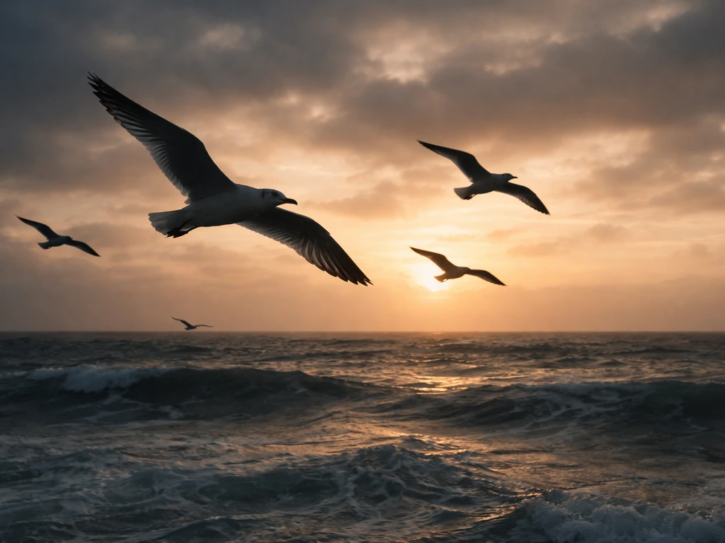 Seagulls flying over choppy ocean waves on a dramatic coastal shoreline at dusk.