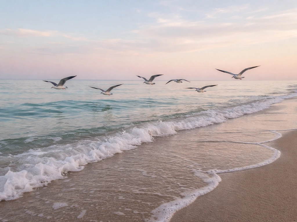 Seagulls gliding overhead above a calm shoreline with soft ocean light