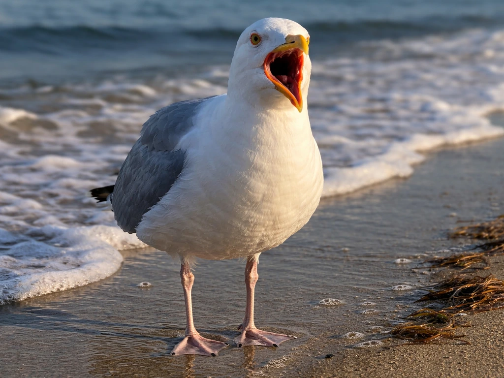 Close-up seagull calling on a beach with foamy waves and tidal timing feel