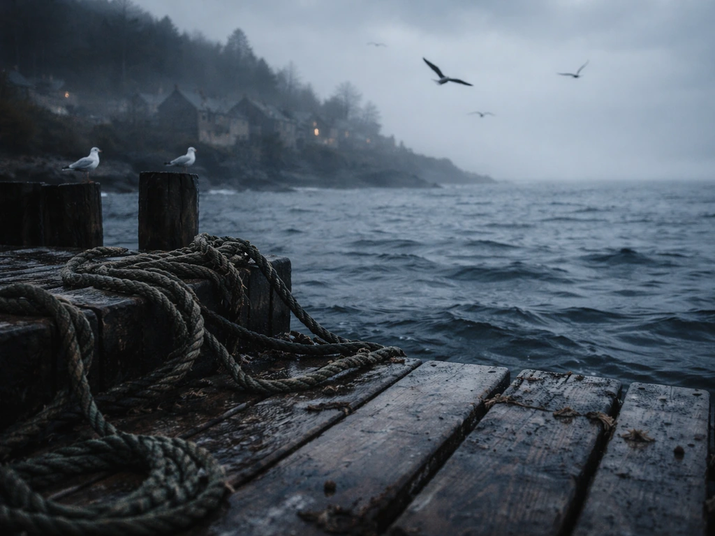Moody Celtic-style harbor at dusk with seagulls perched on a wooden pier and rolling sea mist.