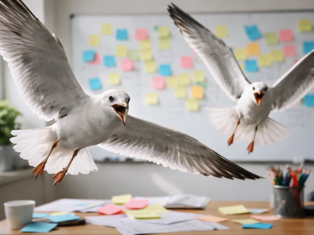 Seagulls swoop over a softly blurred office whiteboard and task board, evoking opportunistic chaos.