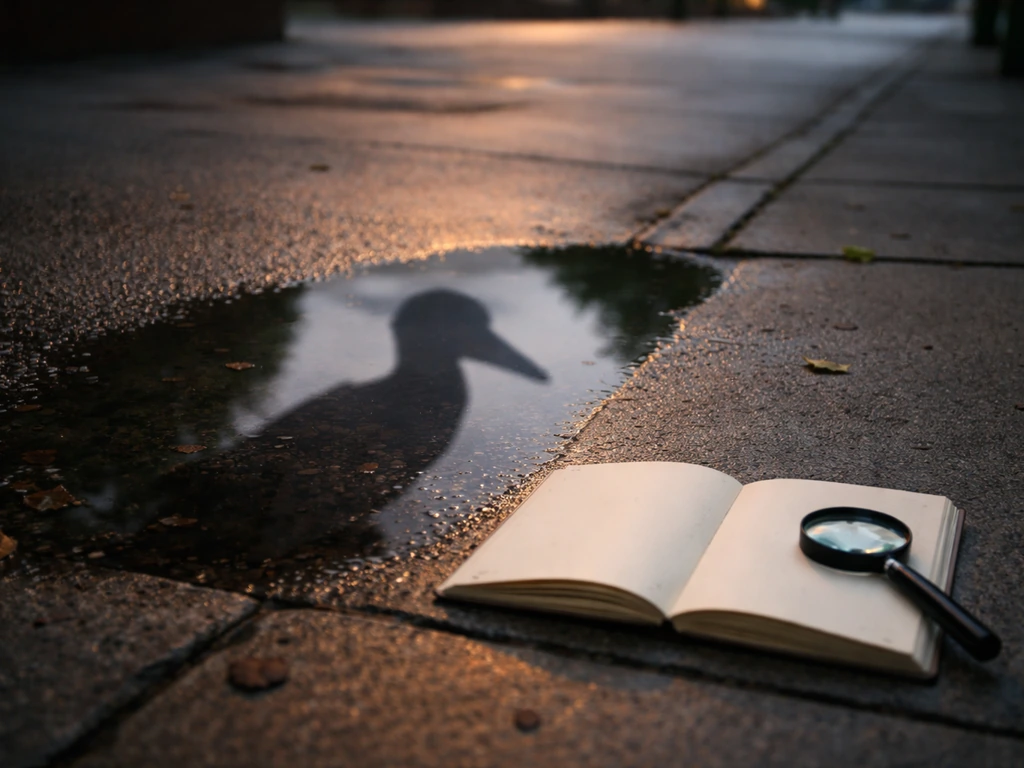 Minimal city sidewalk scene with a shoebill-like shadow and a magnifying glass over blank notebook pages.