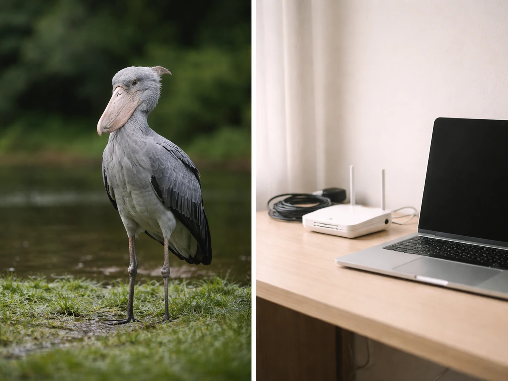 Split-screen showing a shoebill-style bird on the left and a subtle tech setup on the right for “TGPU” meanings.