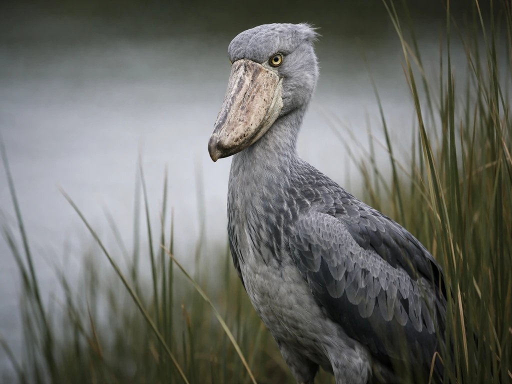 Close-up of a shoebill bird standing in wetland reeds with its distinctive beak and posture.