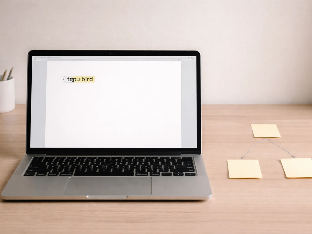 Laptop screen showing a highlighted phrase within a sentence, with a small branching sticky-note style guide nearby.