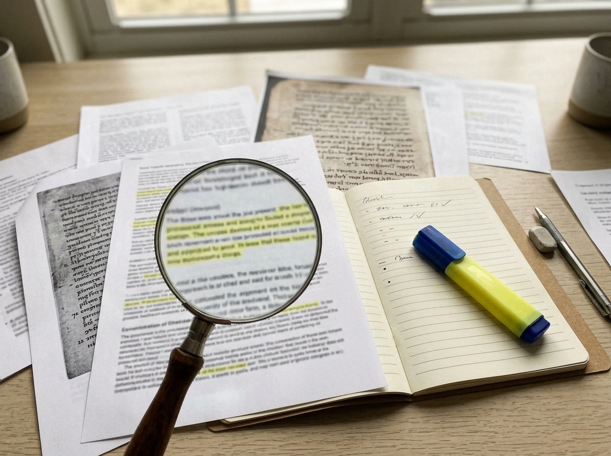 Magnifying-glass desk setup showing how to confirm Venus bird meaning from sources.