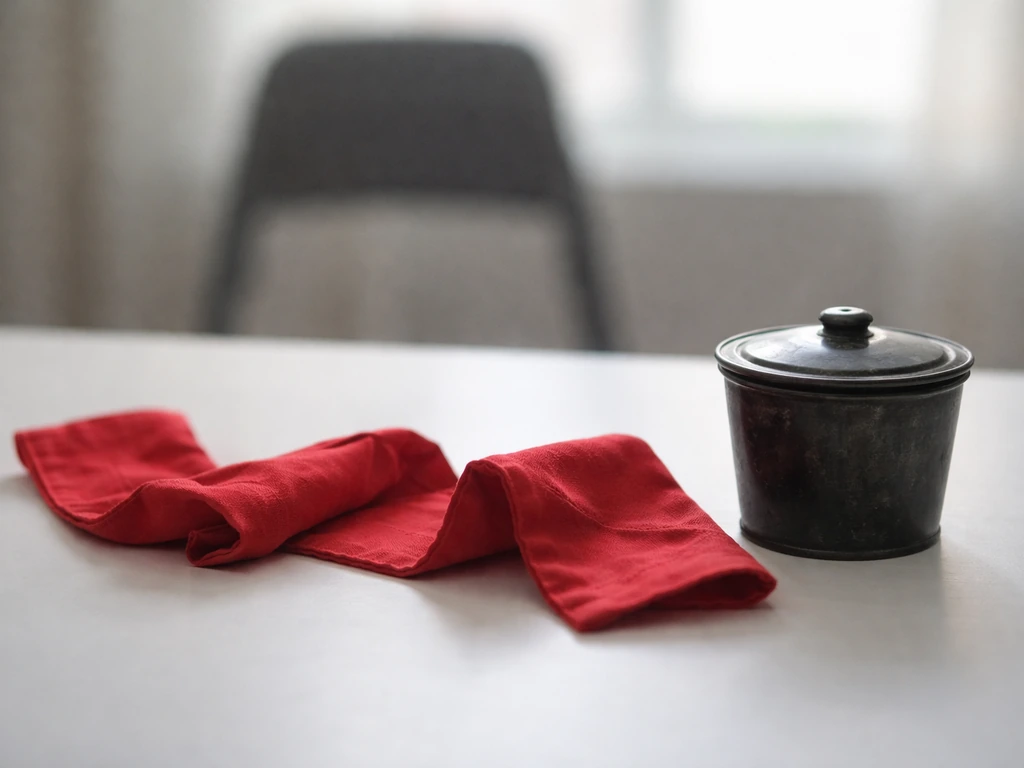 Minimal tabletop still life symbolizing “huelga”: red cloth segments and a metal cup in soft daylight.