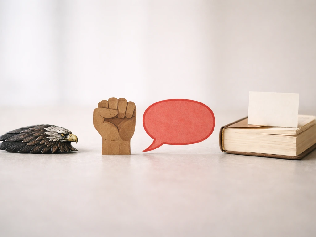 Three simple objects on a table—feather crest, raised fist shape, and open dictionary—suggesting three phrase meanings.