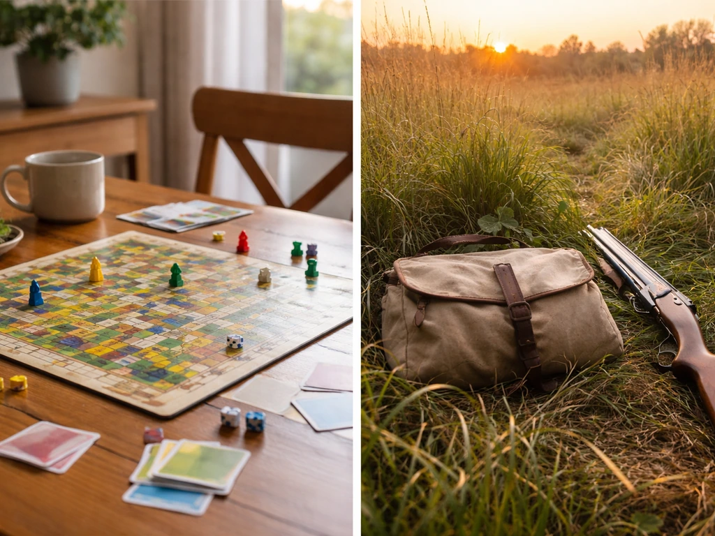 Split scene: board game on a table versus a hunting field with an empty game bag and shotgun nearby.