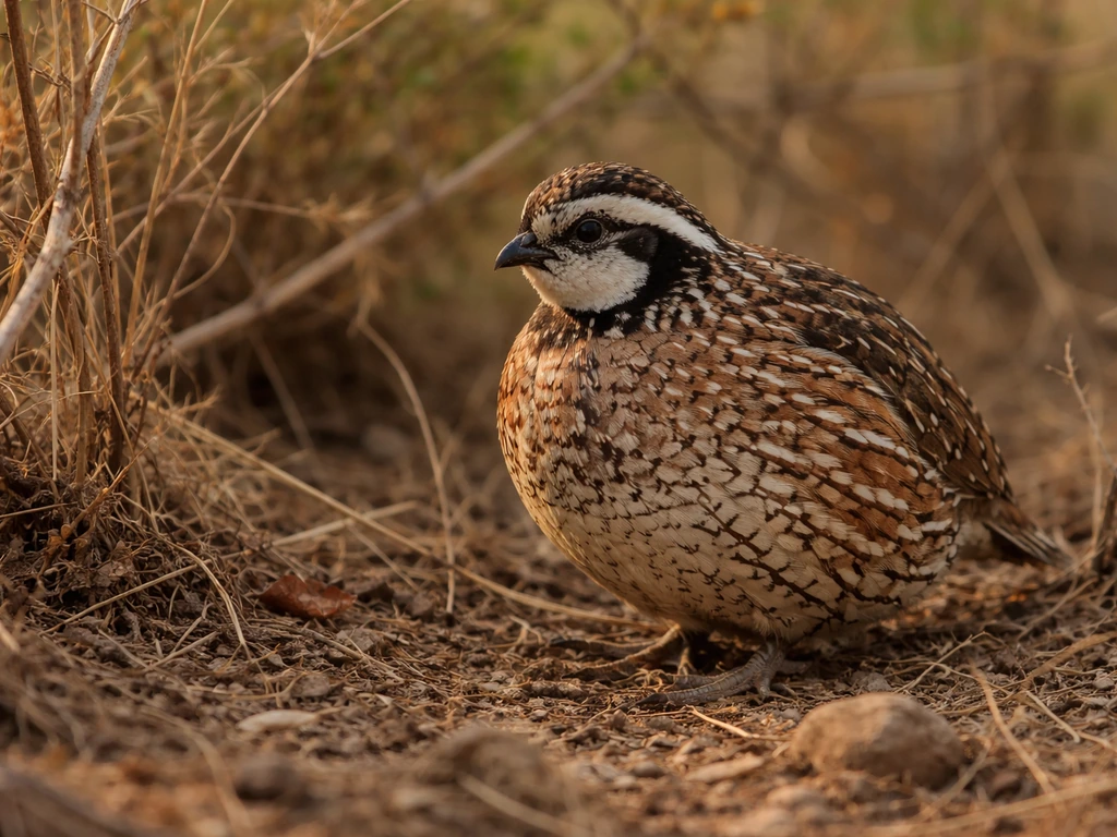 A bobwhite quail perched in dry grasses and brush in its natural habitat.