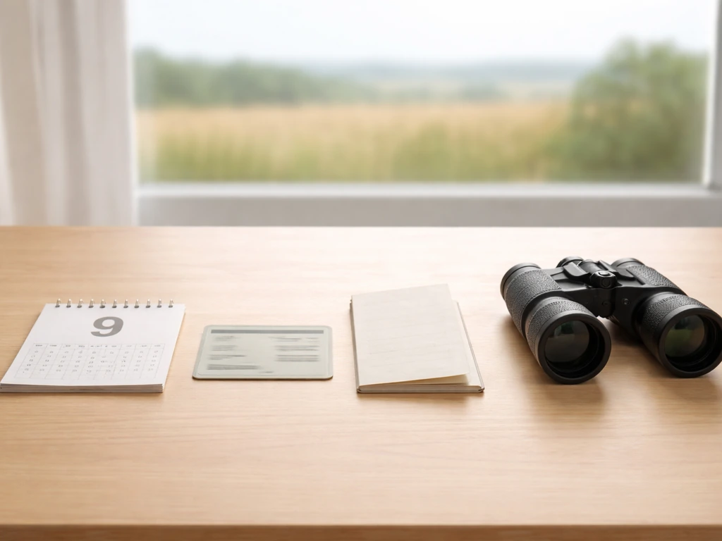 Light wood desk with calendar, generic hunting card, regulations booklet, and binoculars arranged for a context checklis