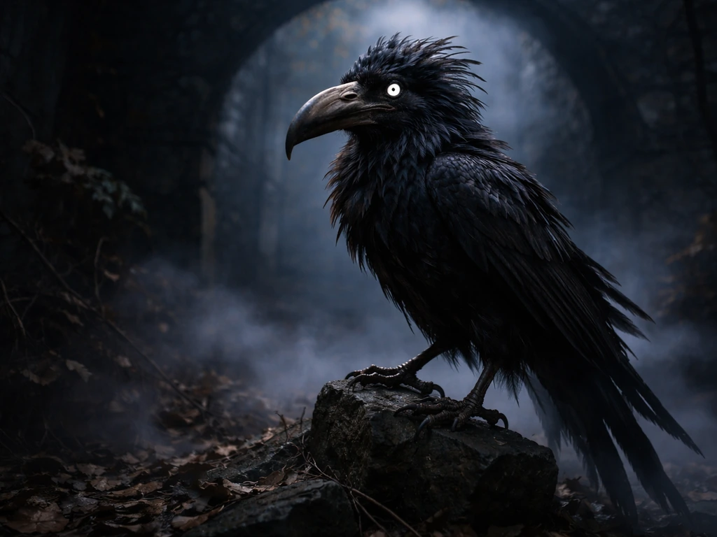 Menacing dark raven-like jubjub bird perched on broken stone in a misty Victorian dusk scene.